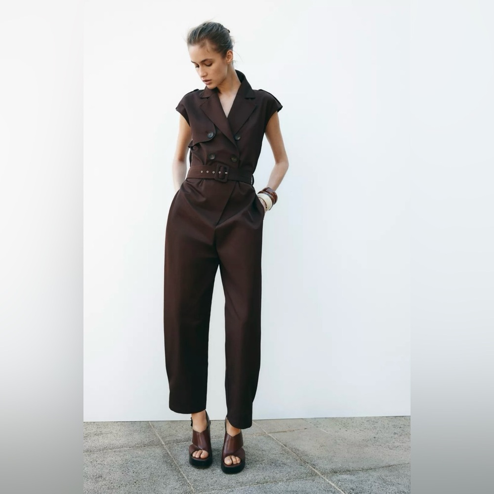 Zara brown sleeveless belted jumpsuit